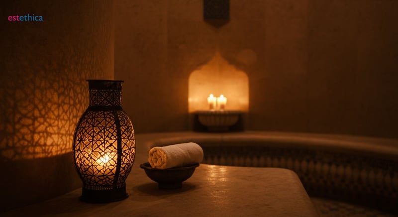 Interior de un hamam tradicional con vapor y mosaicos, experiencia de relajación y salud.