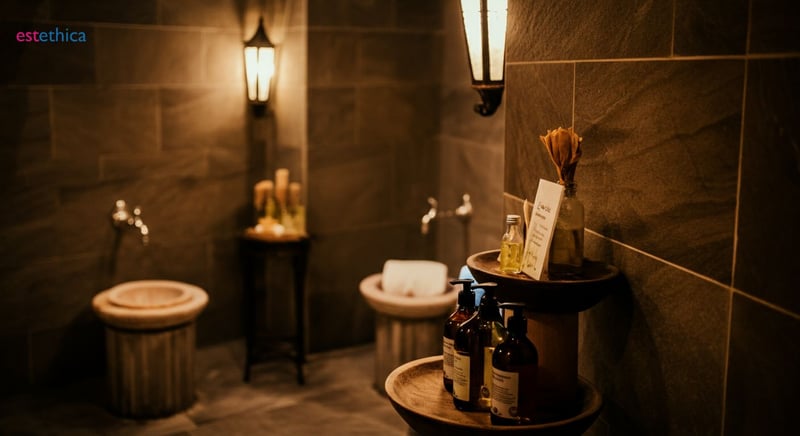 Interiorul unui hamam tradițional cu aburi și mozaicuri colorate