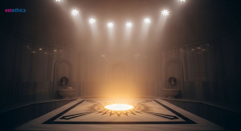 Interior de un Hammam tradicional con azulejos decorativos y vapor
