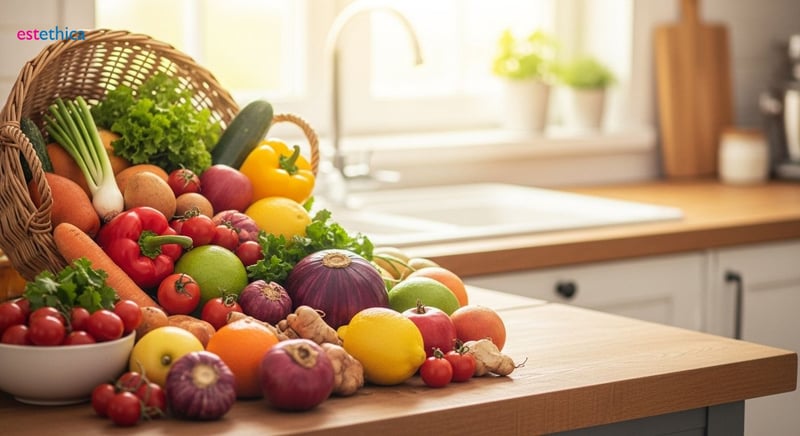 Imagen de alimentación saludable con frutas y verduras