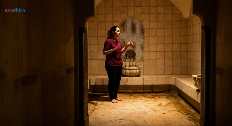 Interior de un hamam tradicional con vapor y mosaicos