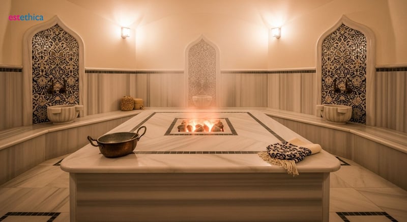 Interior de un hamam tradicional con azulejos y vapor