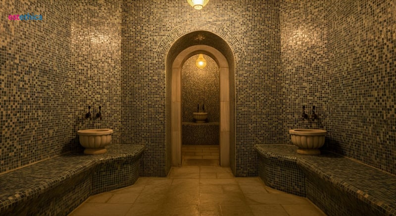 Interior de un hamam tradicional con azulejos y vapor