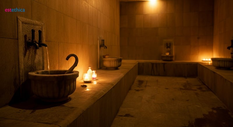 Interior de un hammam tradicional con azulejos decorativos y vapor