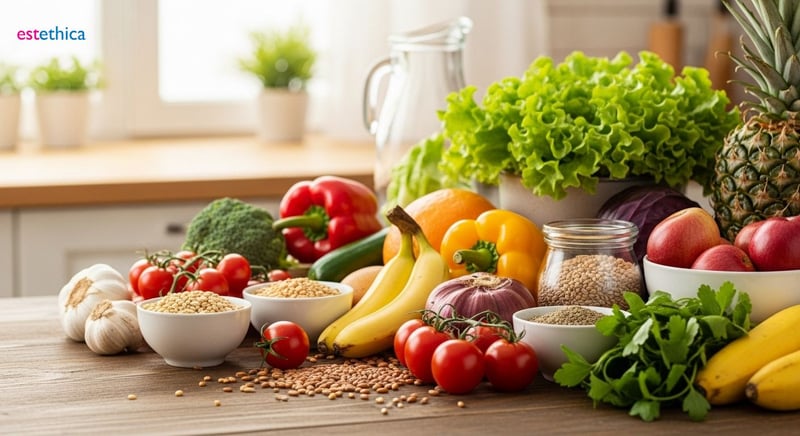 Imagen de una dieta balanceada con frutas, verduras y proteínas